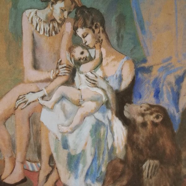 Familia de acrobatas com um macaco